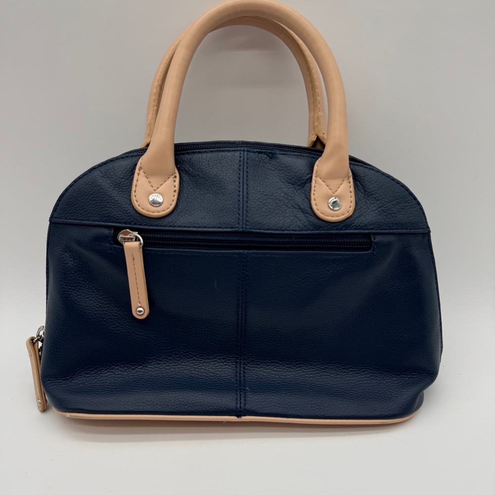 Tignanello Navy Blue Pebbled Leather Dome Satchel Handbag Tan Trim